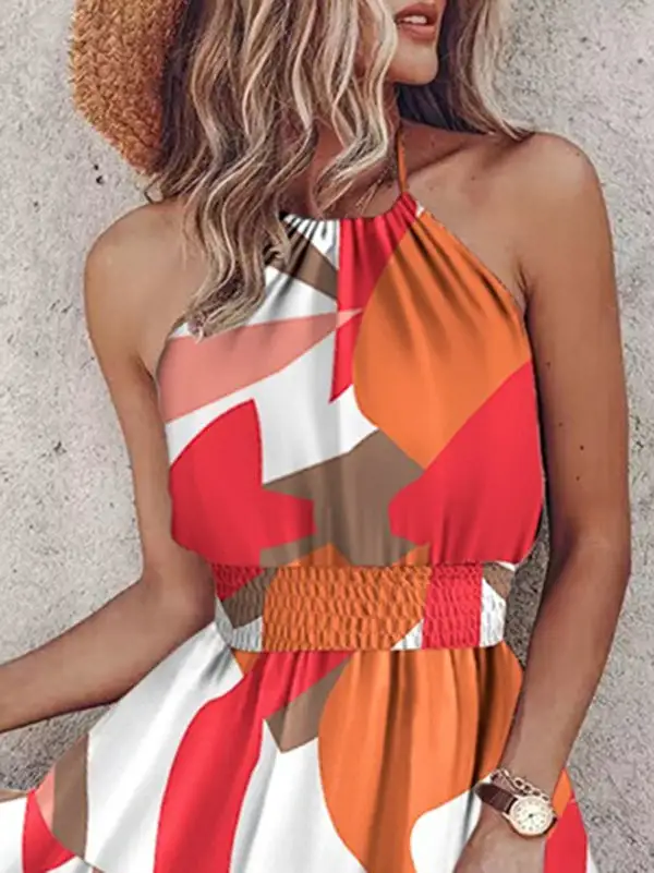 Relaxed Sleeveless Color Block Contrast Color Elasticity Split Joint Halter Neck