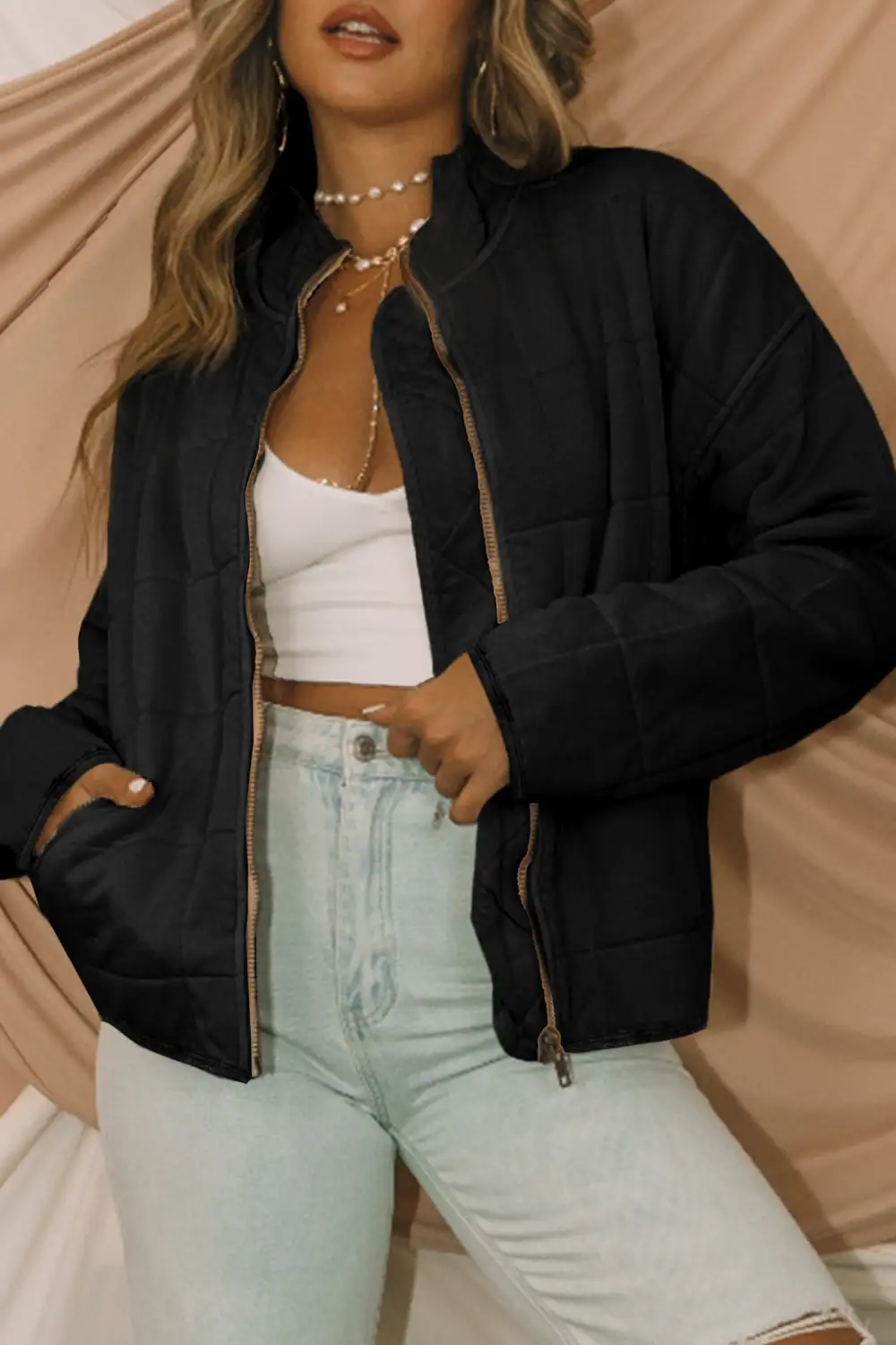 Quilted Pocket Zip Front Jacket