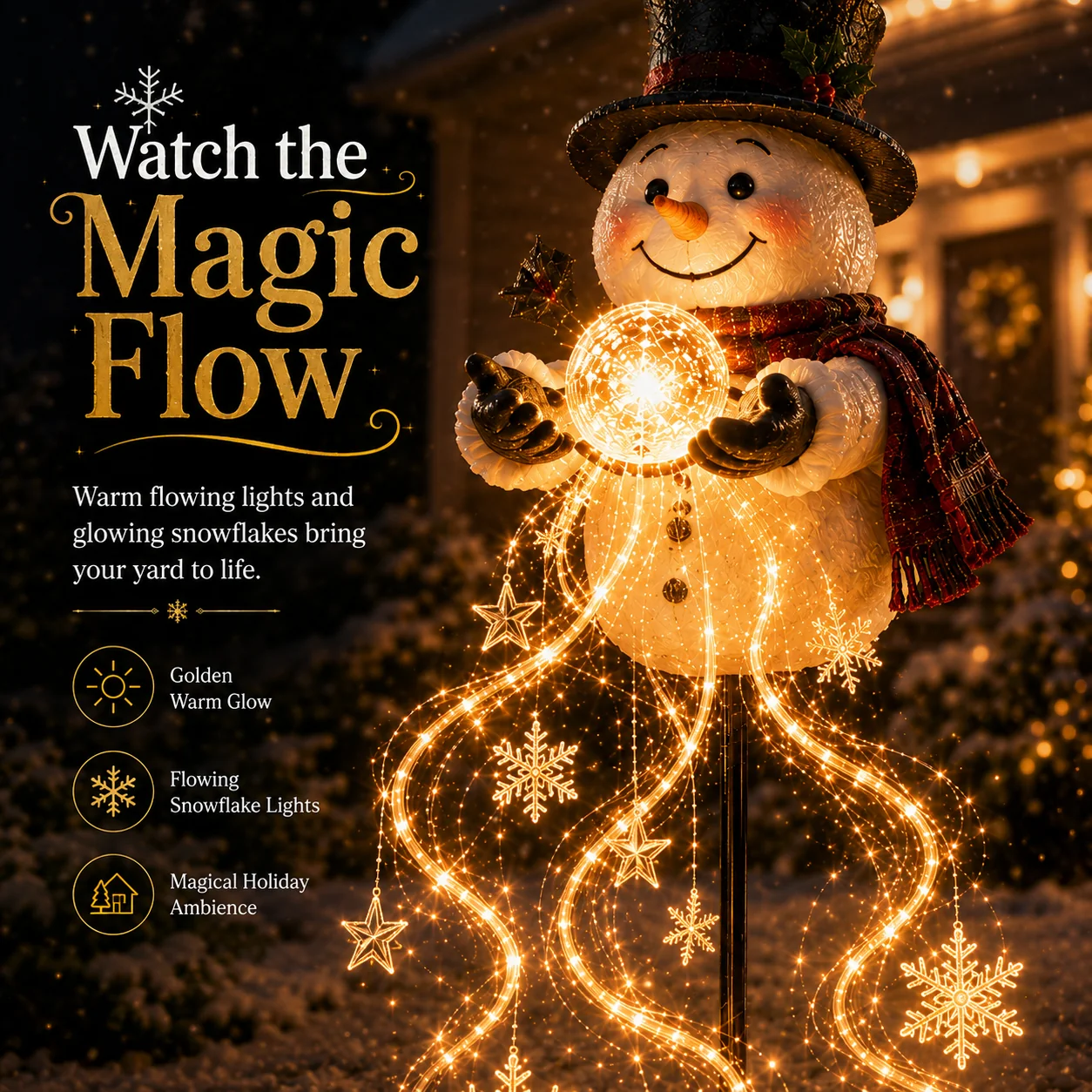 Warm golden light strands and snowflake details beneath the snowman globe