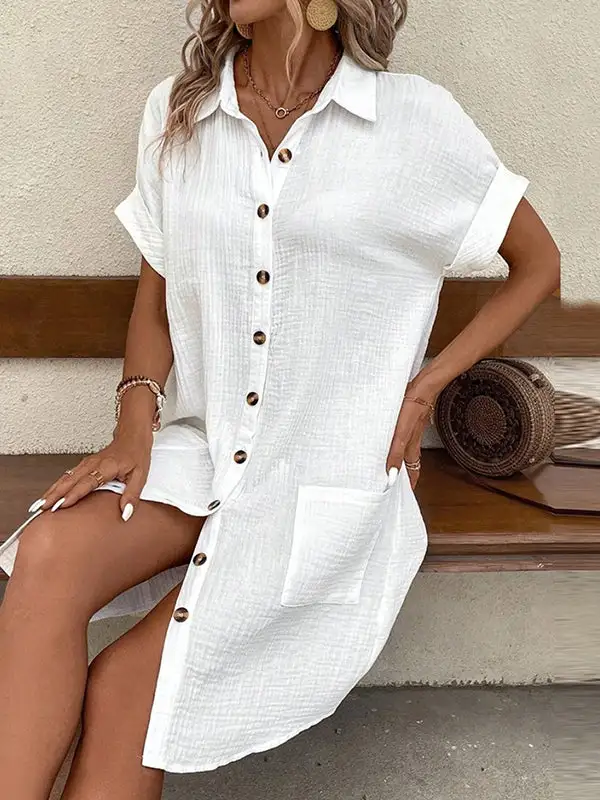 Relaxed Short Sleeve Buttoned Pocket Lapel Mini Dress