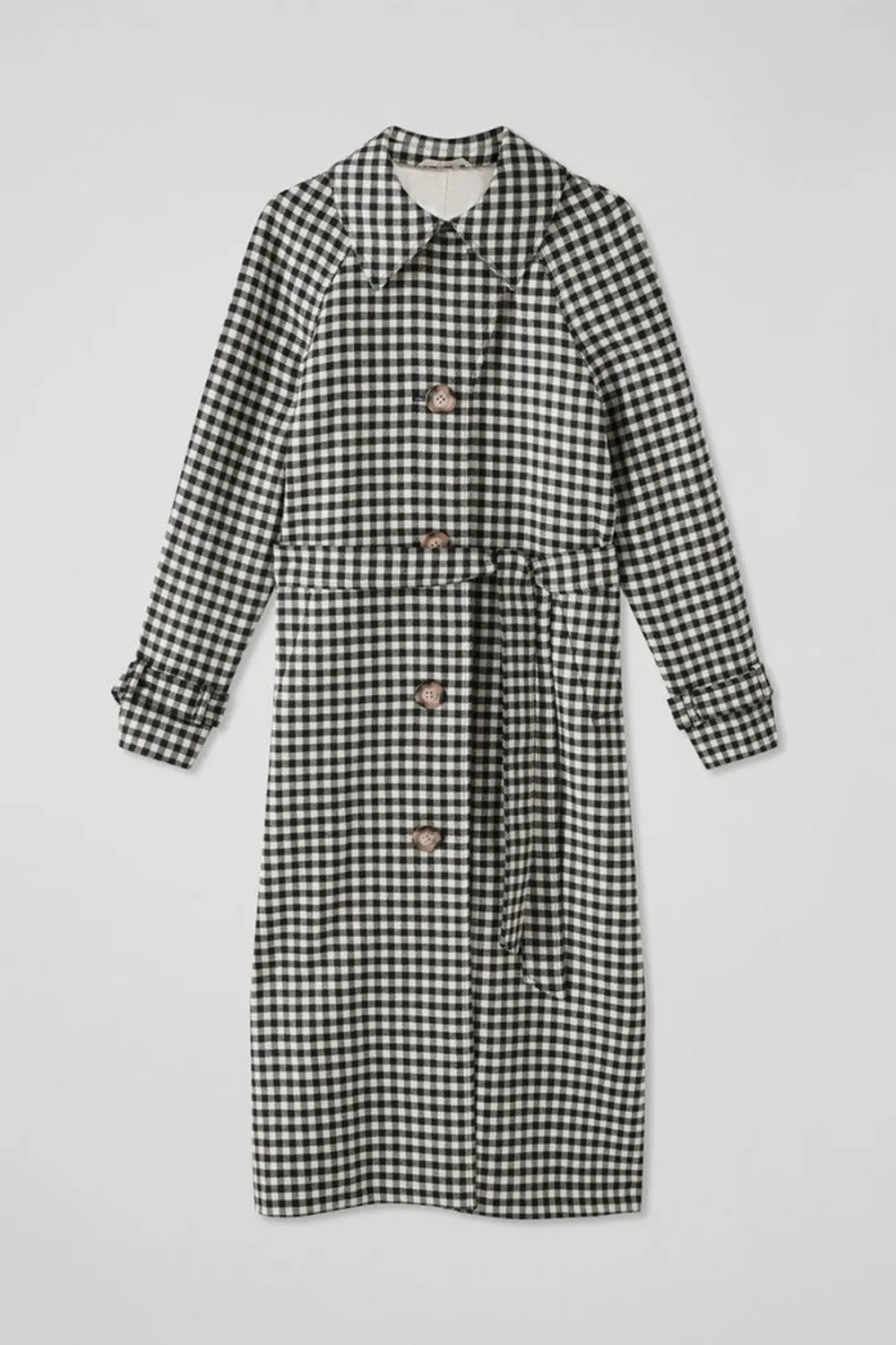 Black Cream Checkered Belted Long Coat