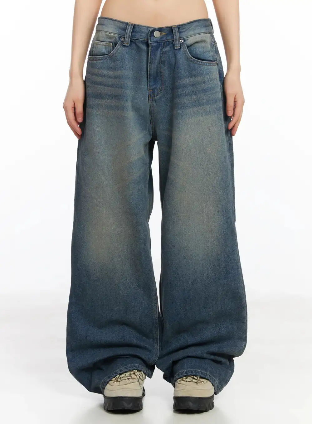 Washed Polyester Wide Leg Jeans