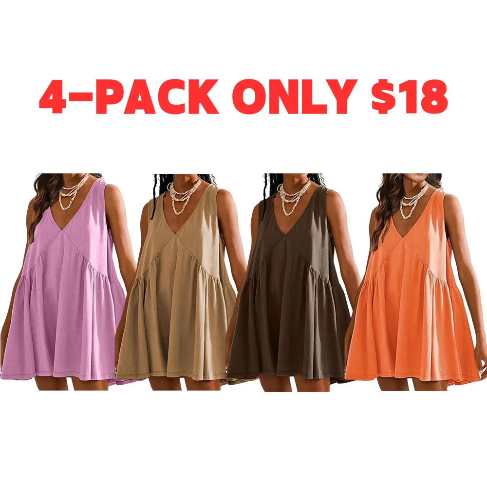 Women's Sleeveless Mini Dress Casual Loose V Neck Sundress with Pockets