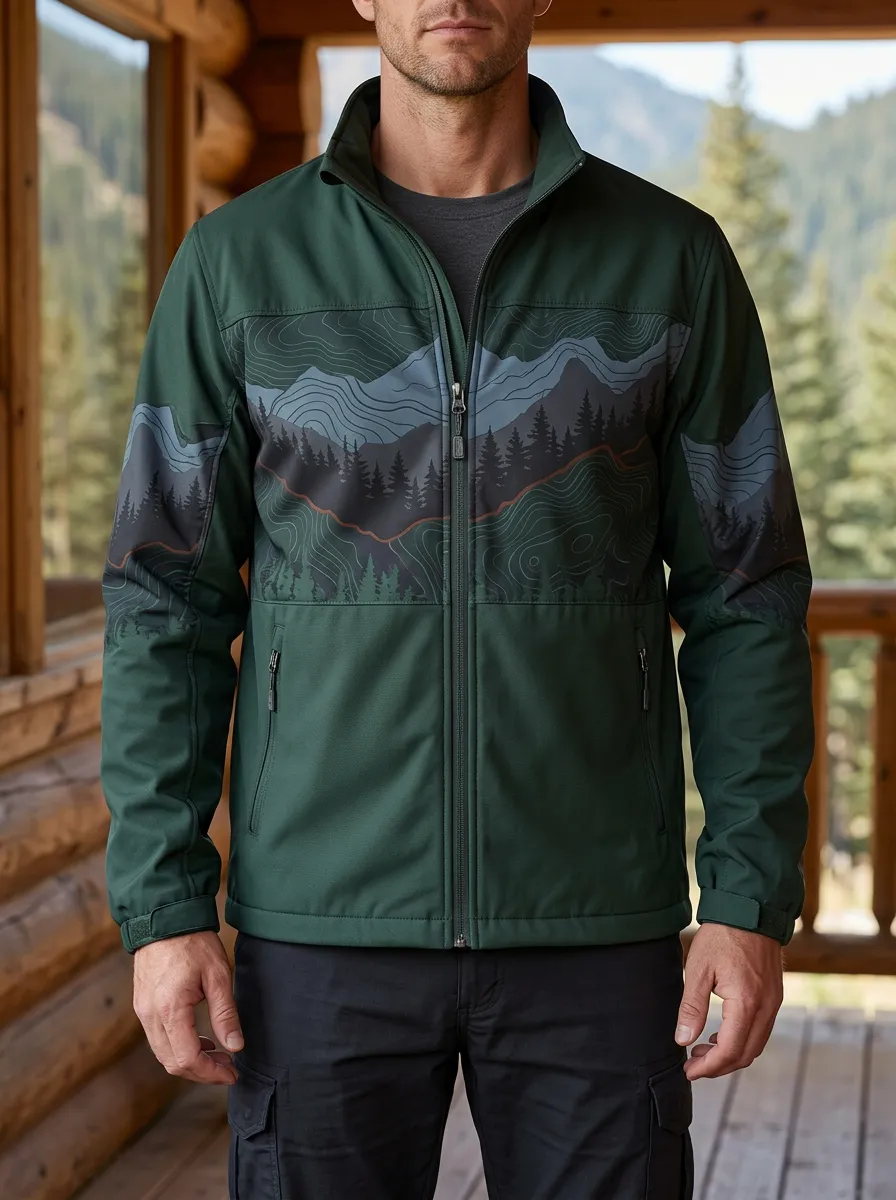 Men's Outdoor Adventure Mountain Forest Topographic Rugged Horizon Jacket