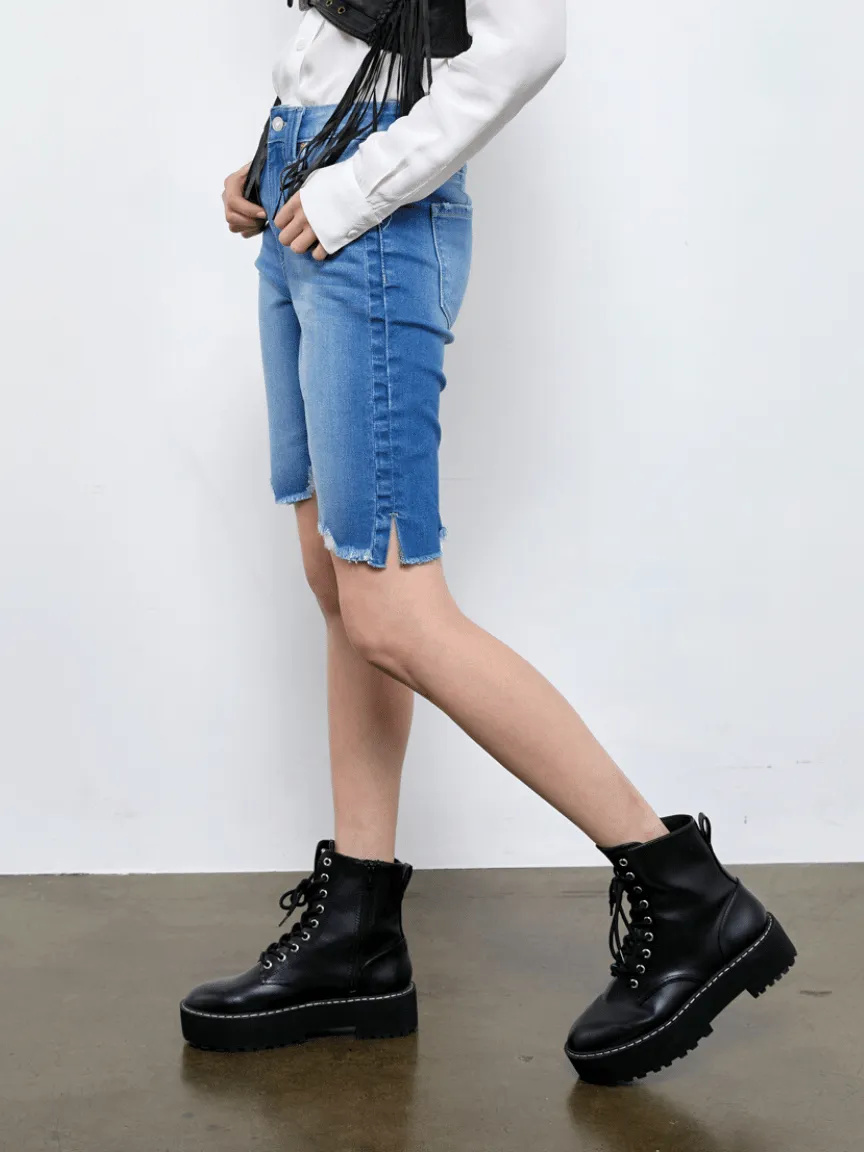 Weekend High Rise Distressed Frayed Hem Denim Shorts