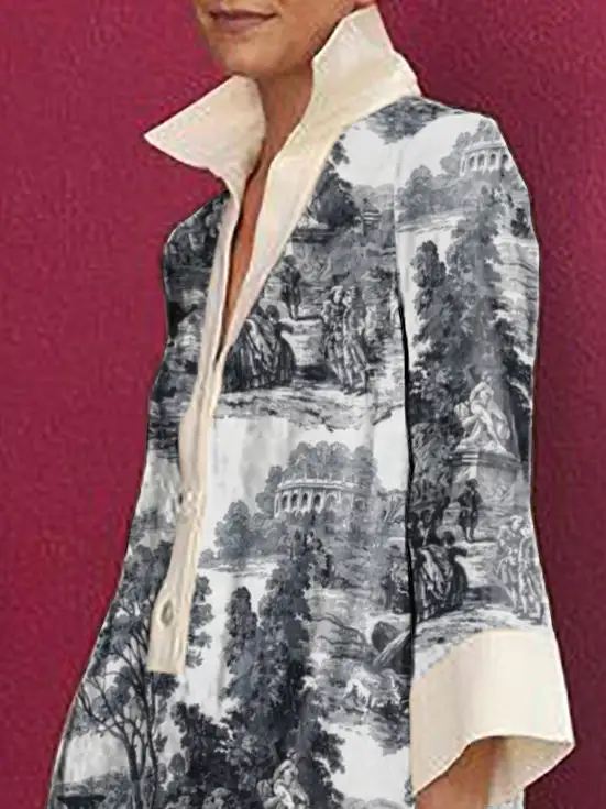 Long Sleeve Relaxed Printed Lapel Mini Dress Shirt Dress