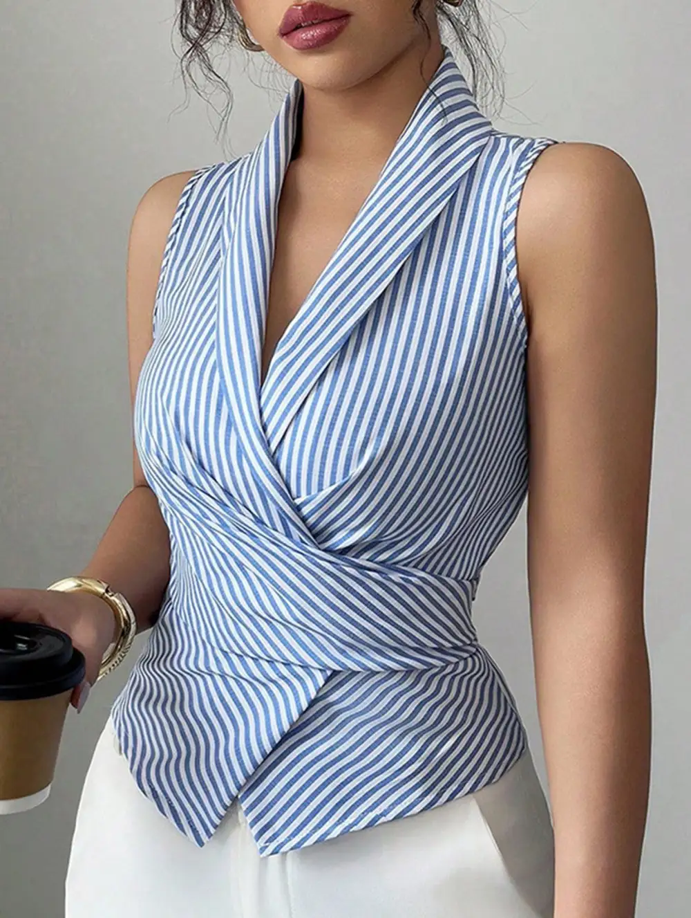 Stripe Sleeveless Tie Waist Shirt Top
