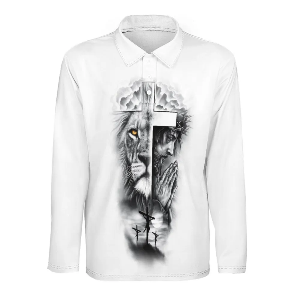 Men's Lion&Jesus Print Long Sleeve Polo Shirt