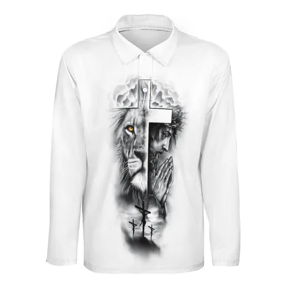 Men's Lion&Jesus Print Long Sleeve Polo Shirt