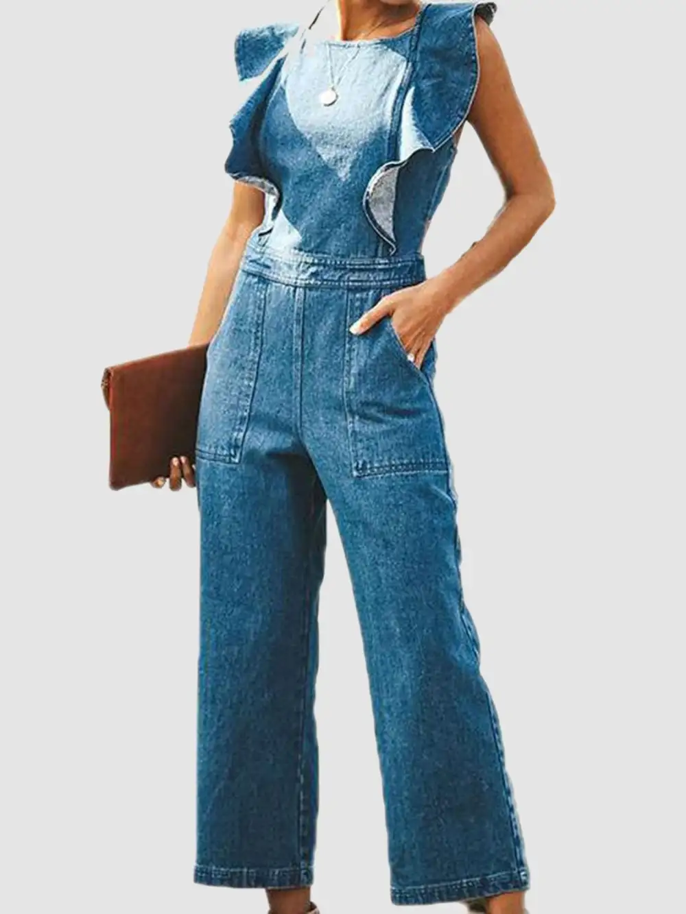 Ruffled Backless Sleeveless Jumpsuit Denim Pants
