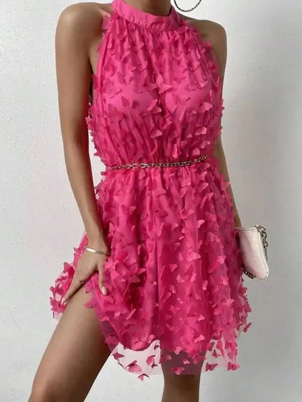 Relaxed Sleeveless Jacquard Pleated Solid Color Split Joint Stand Collar Mini