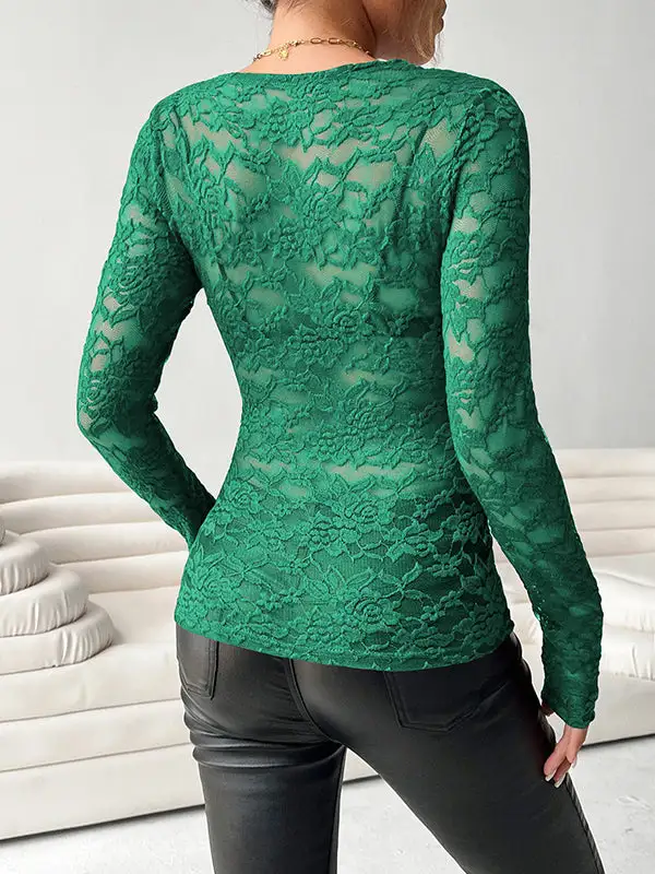 Long Sleeve Slim Fit Sheer Deep V-Neck T-Shirt