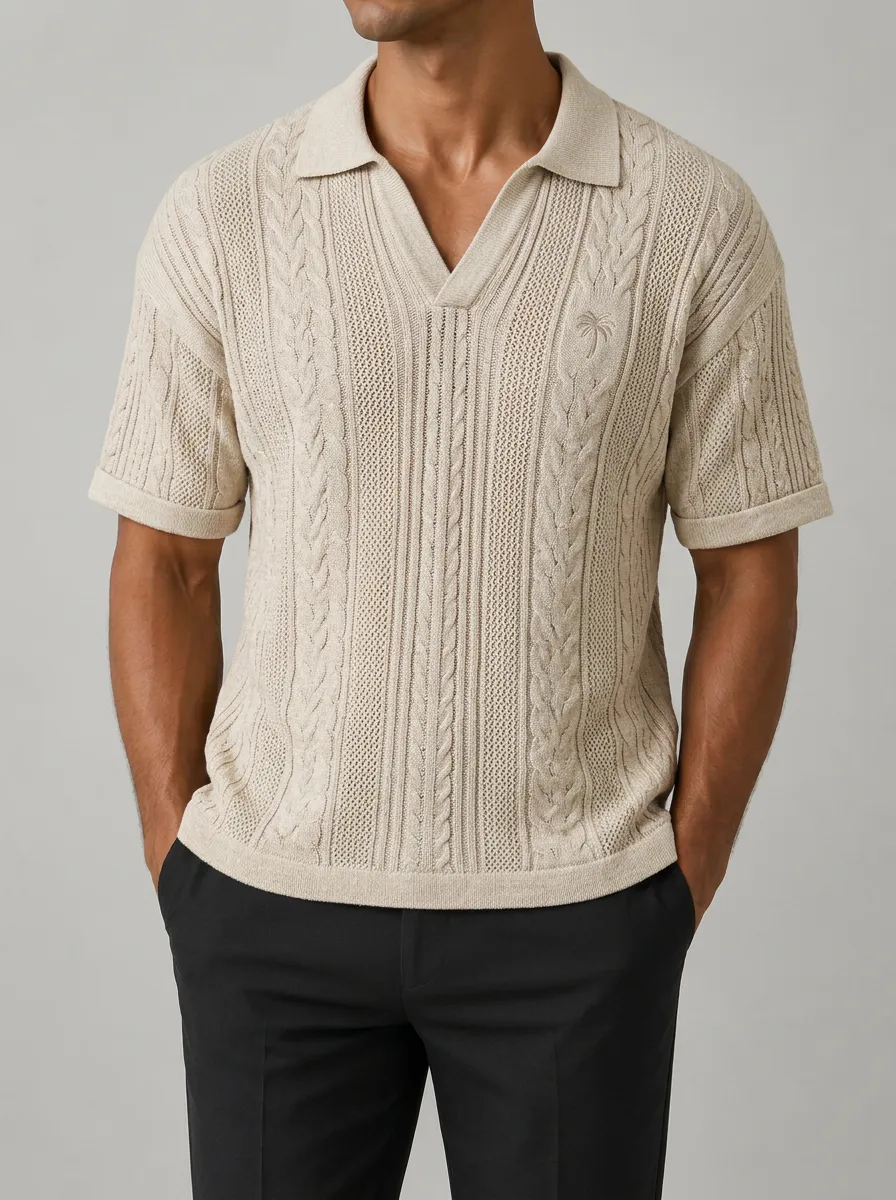 Men's Beige Cable Knit Palm Tree Embroidered Polo Shirt