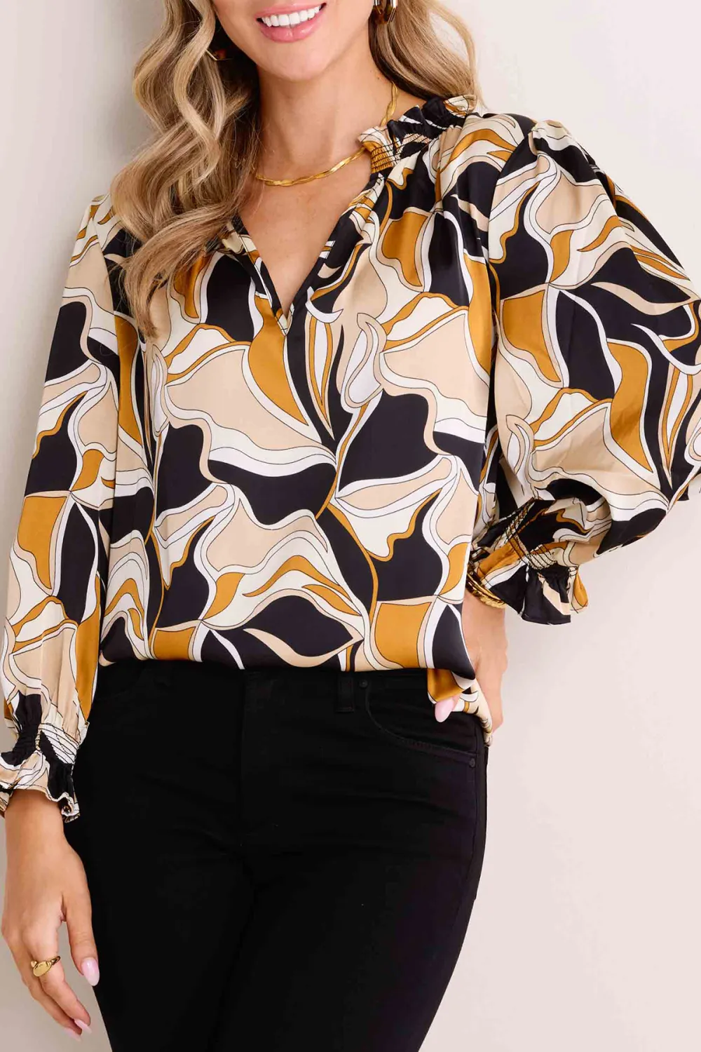 Abstract Print Balloon Sleeve V-Neck Blouse