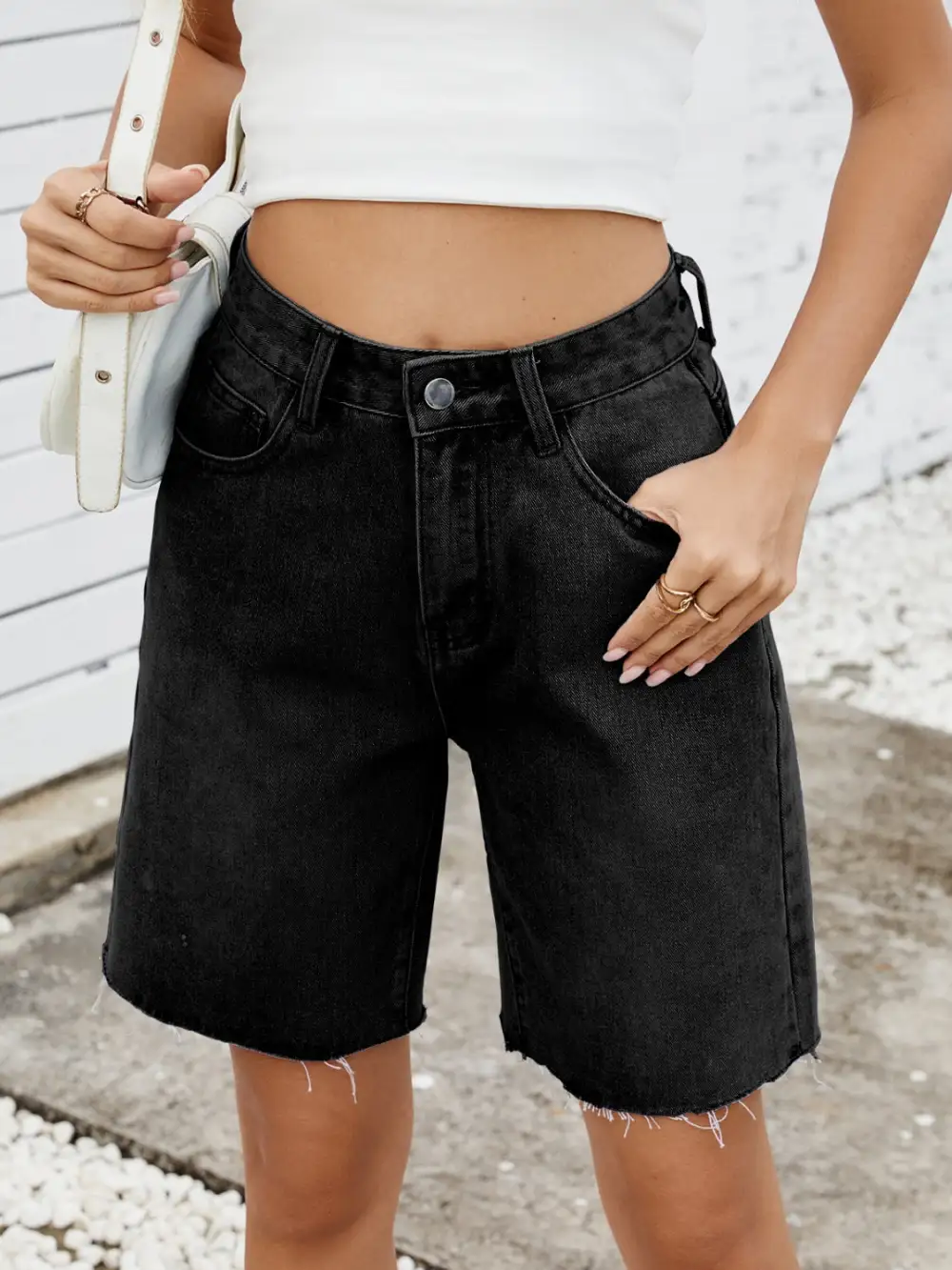 Textured Washed Raw Hem Denim Shorts