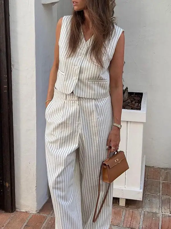 Relaxed Sleeveless Buttoned Striped Vest And Pants Set