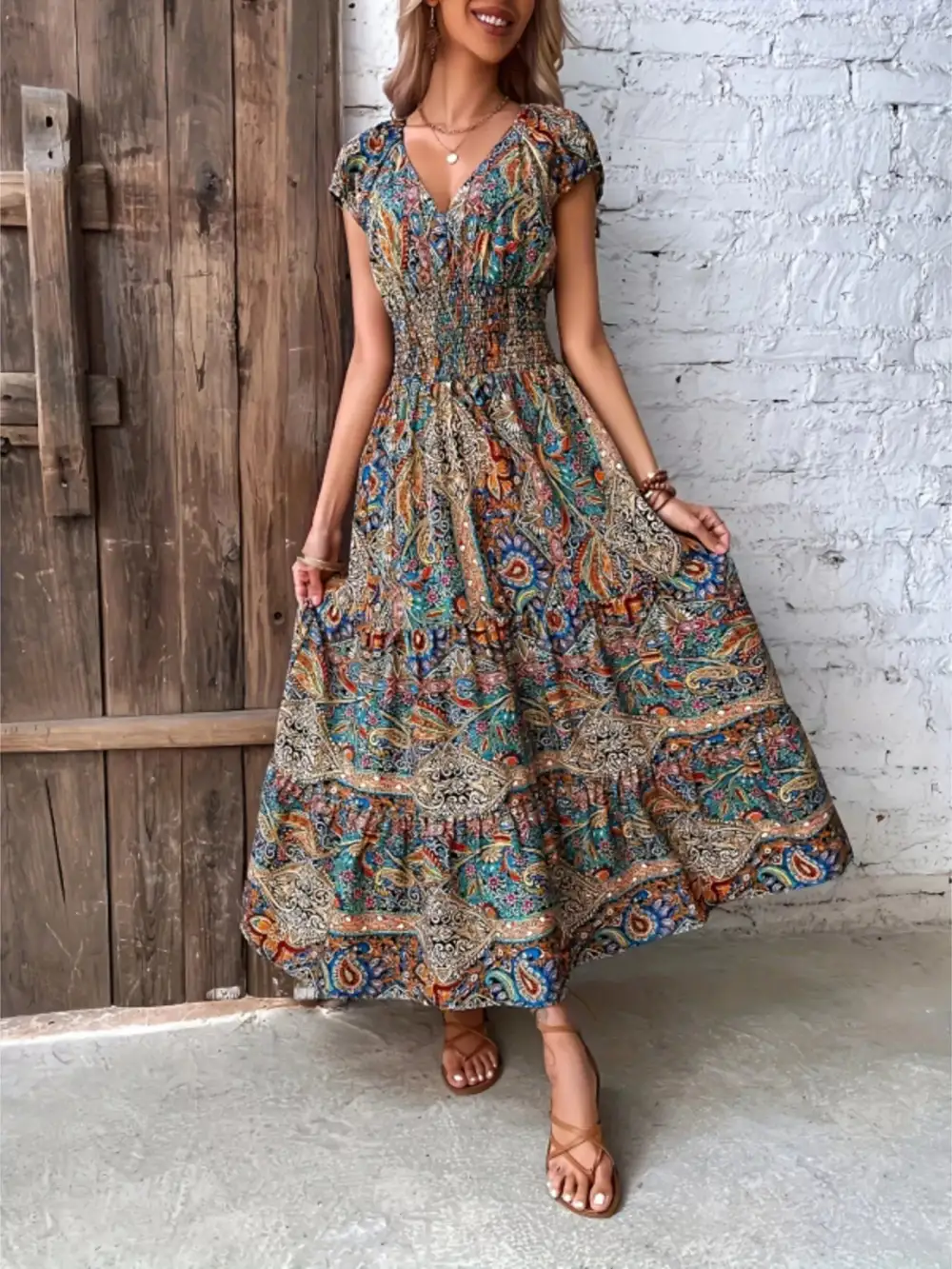 Lightweight Feel Printed V Neck Dress