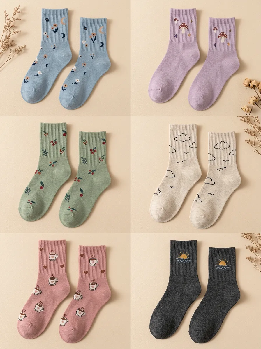 Women's Nature Motif Ribbed Crew Sock Set