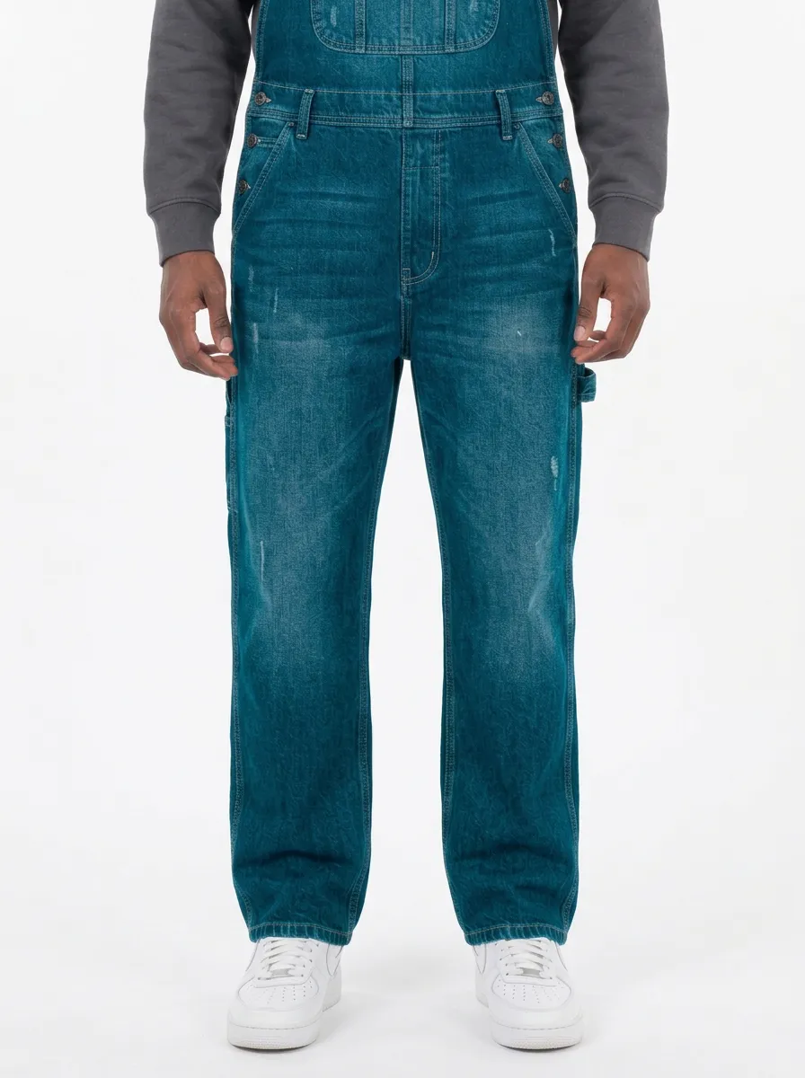 Men's Vintage Distressed Blue Denim Dungarees Overalls