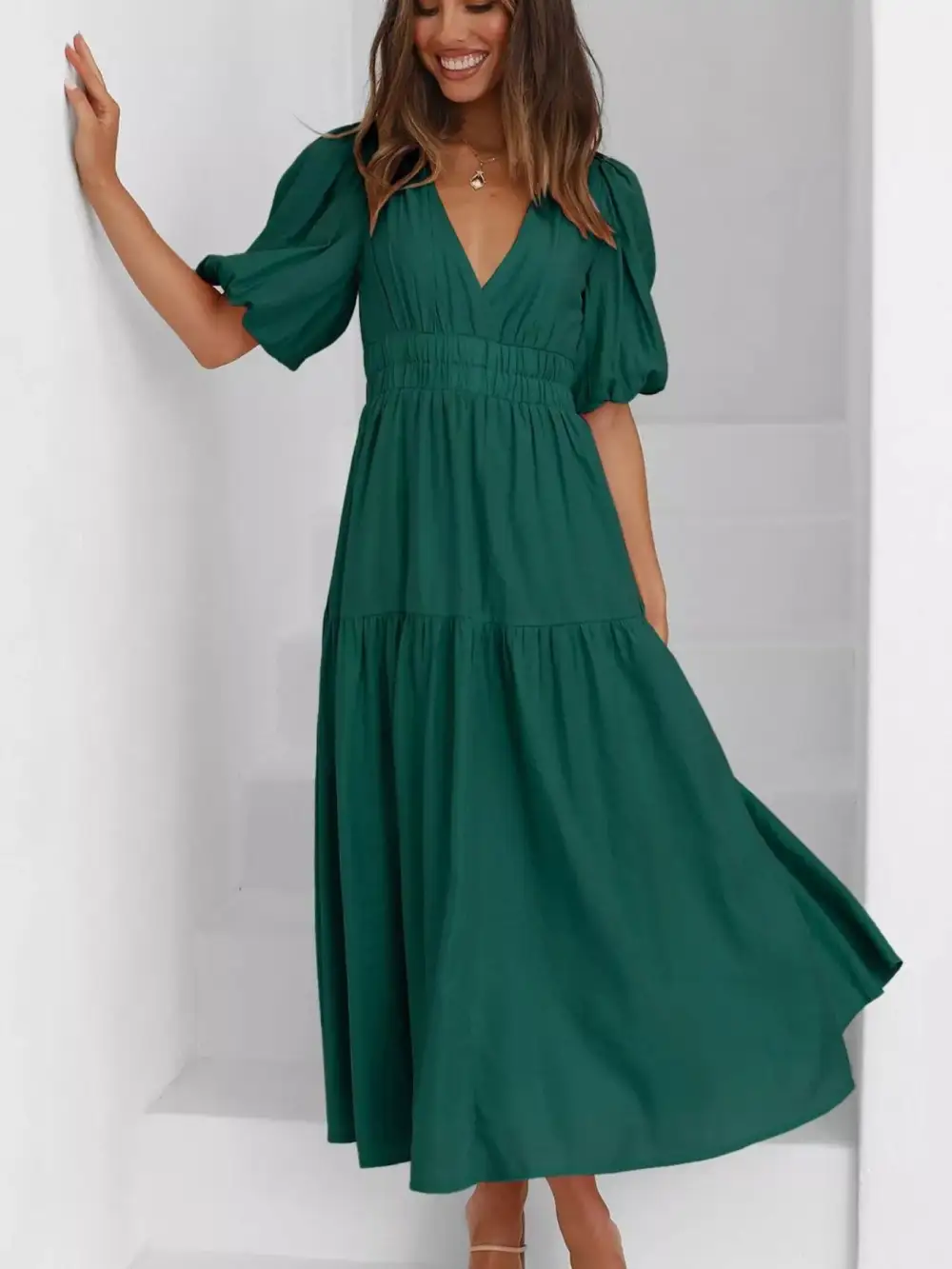 V Neck Puff Sleeve Midi Dress