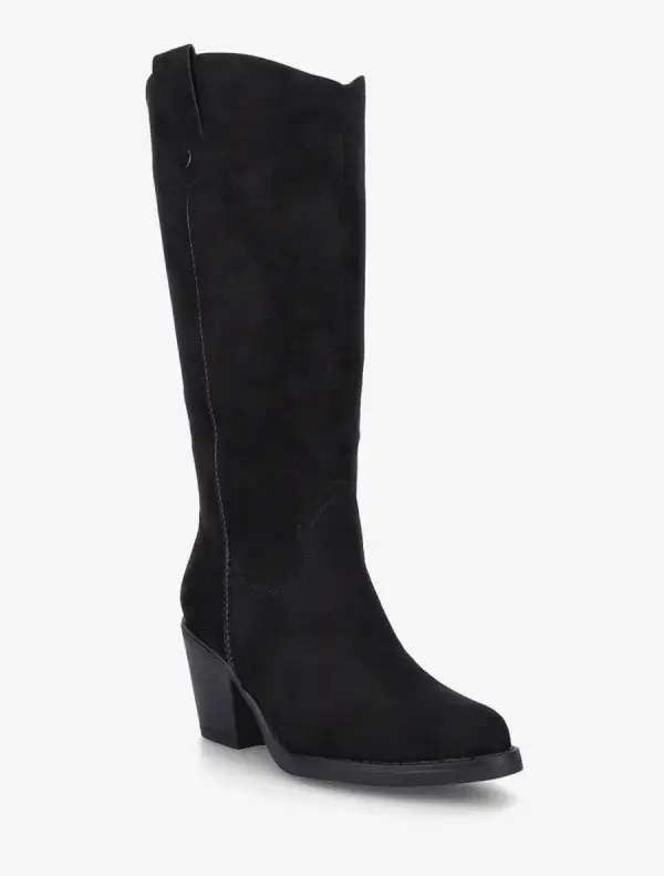 Bold Detail Block Heel Faux Suede Knee High Boots