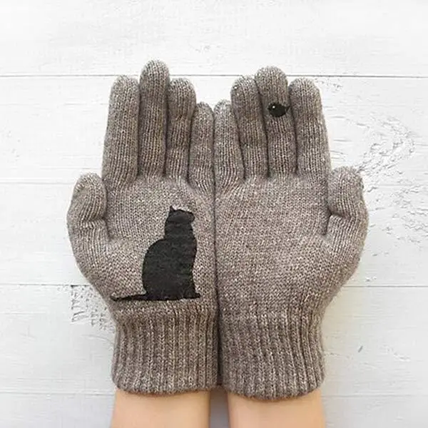 Women'S Cat And Bird Print Sweater Gloves 47982393C