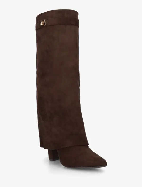Modern Strap Detail Block Heel Fold-Over Faux Suede Knee High Boots