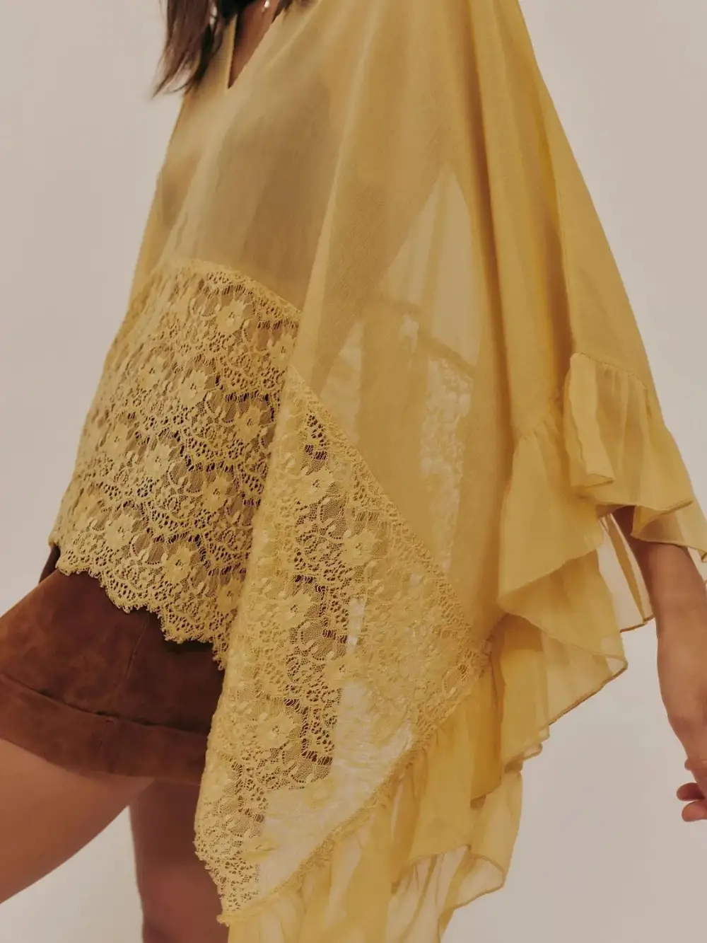 Lace V Neck Ruffle Long Sleeve Swim Cover Up