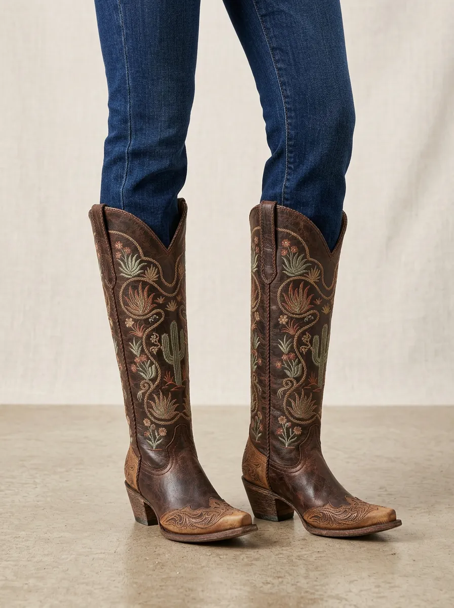 Women's Cactus Floral Embroidered Embossed Pointed-Toe Block-Heel Western Denim Over-the-Knee Boots