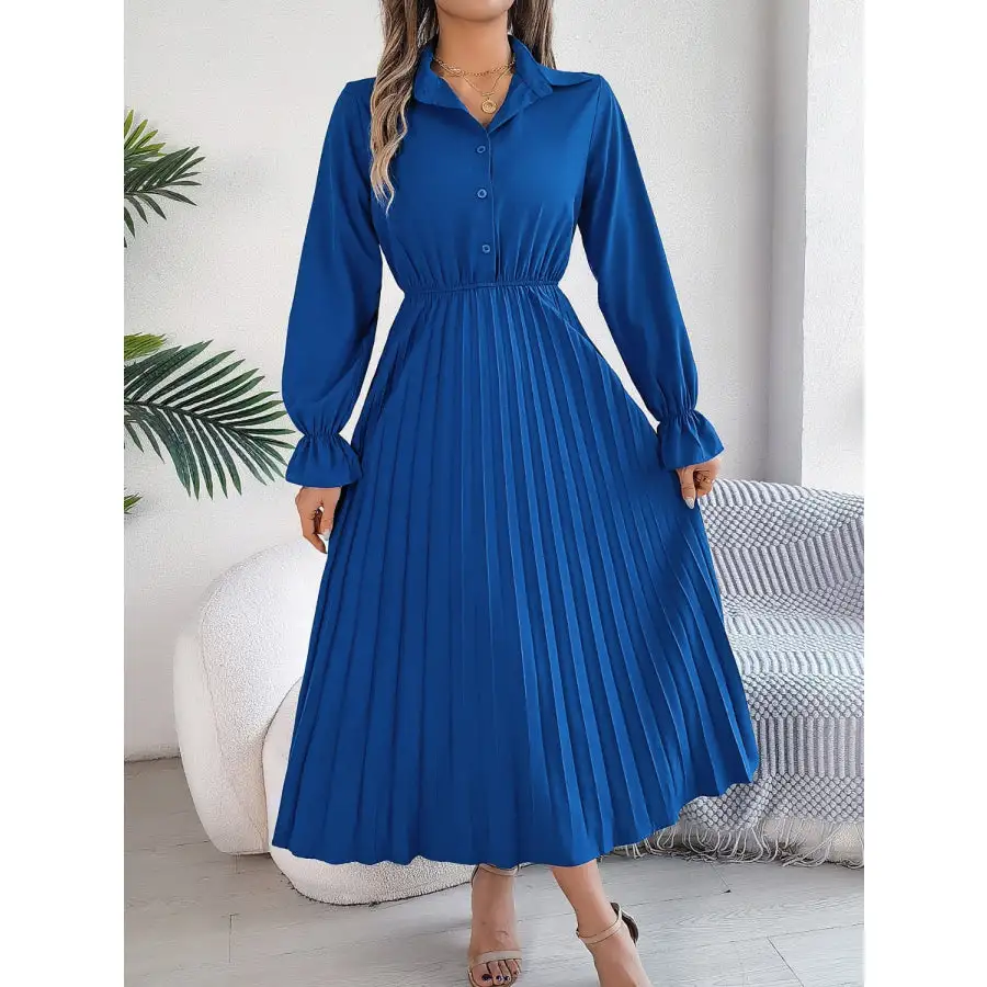 Pleated Half Button Long Sleeve Midi Dress