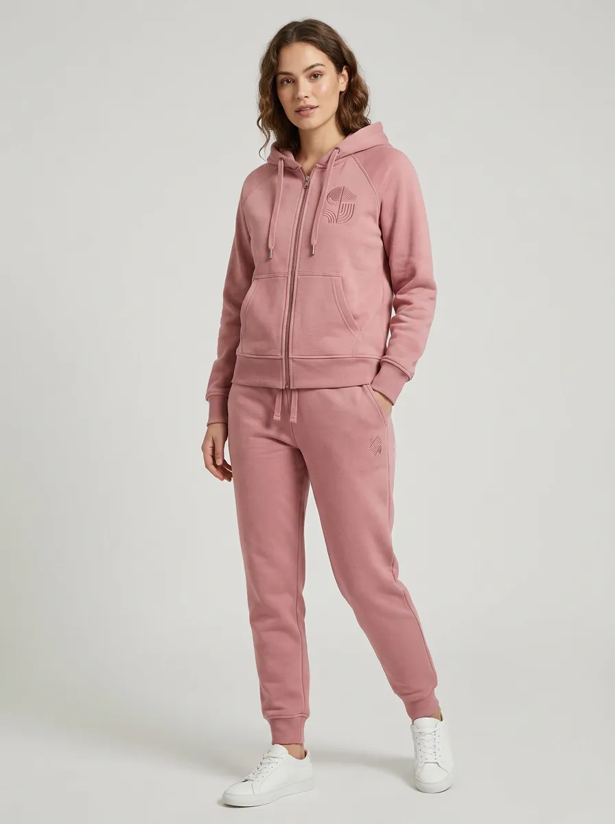 Women's Dusty Rose Kangaroo Pocket Zip-Up Hoodie Jacket & Jogger Set