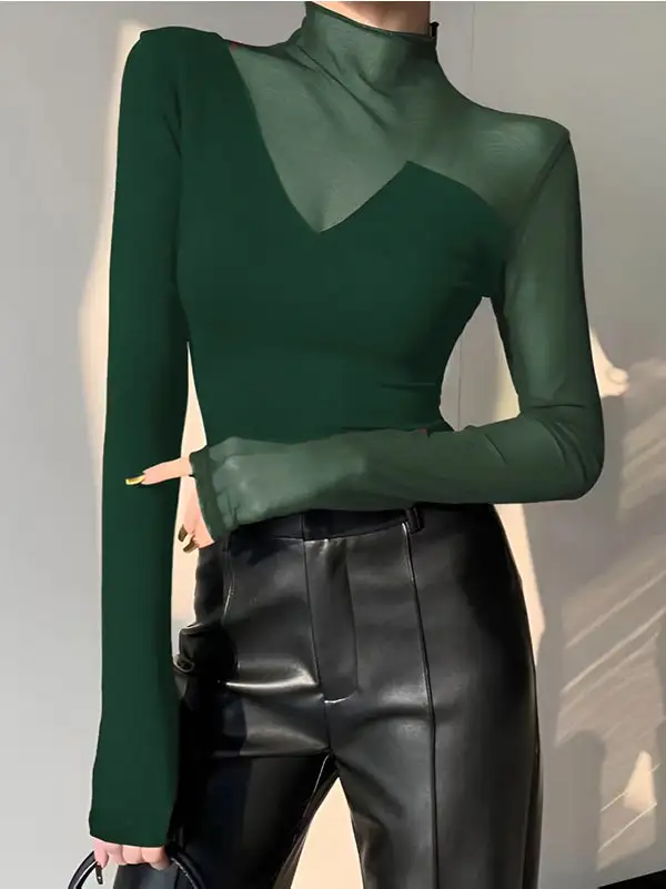 Long Sleeve Slim Fit Asymmetric Panel Detail High Neck T-Shirt