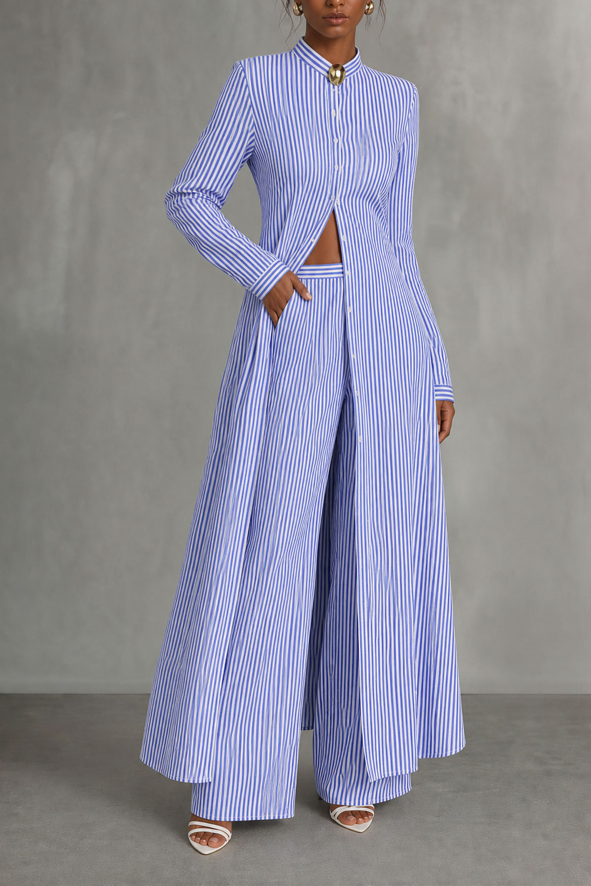 Button Front Striped Metal Detail Matching Pants Set