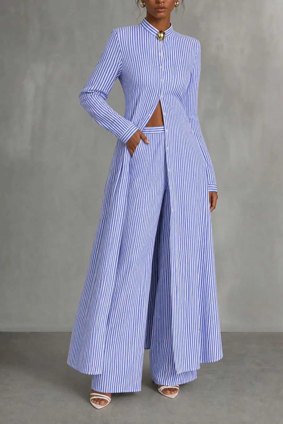 Button Front Striped Metal Detail Matching Pants Set