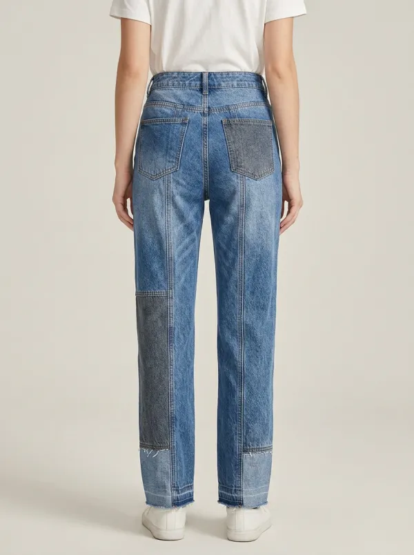 Women's Casual Fashion Patchwork Contrast Color Denim Jeans