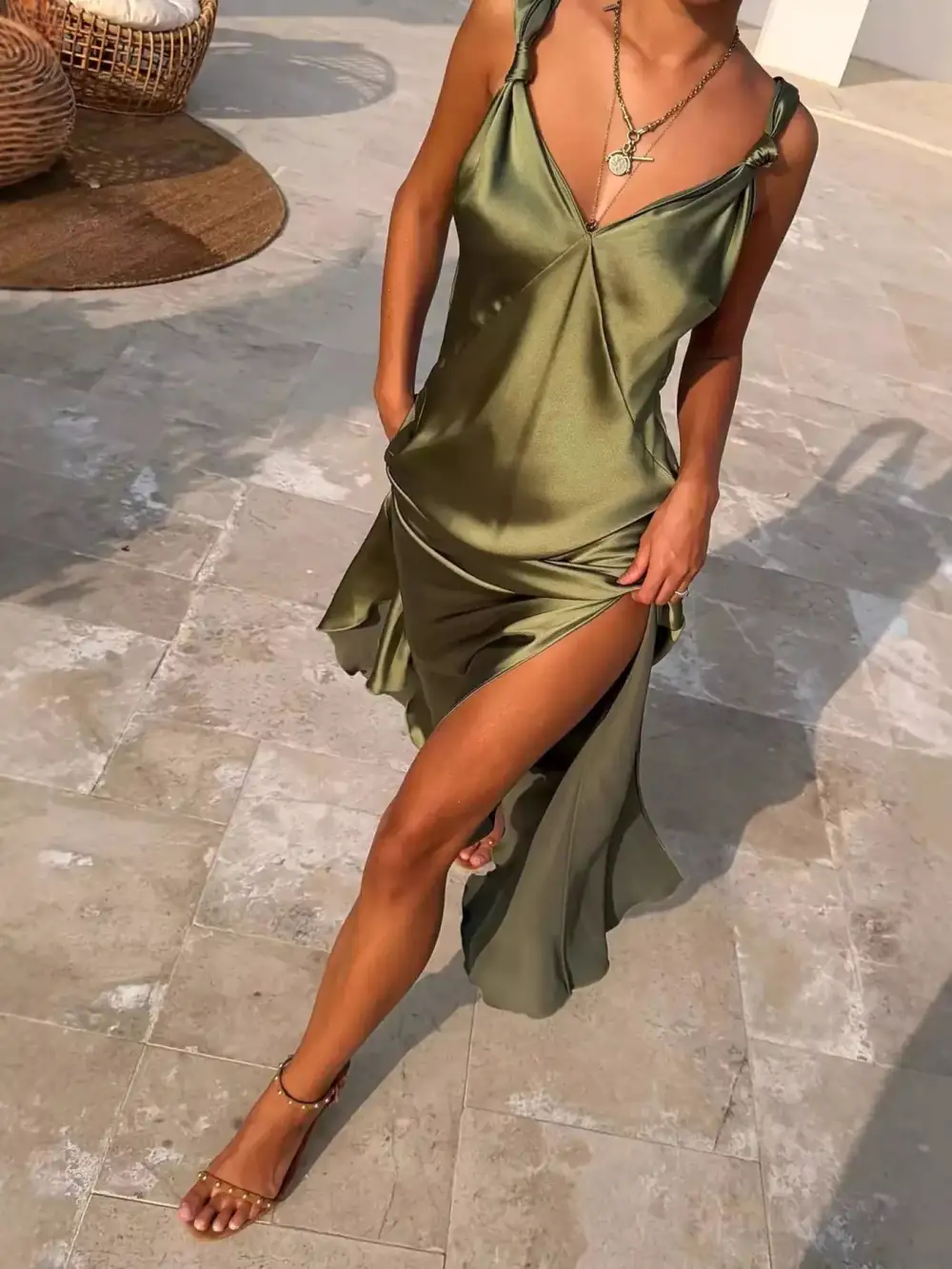 Satin V Neck Slit Maxi Dress