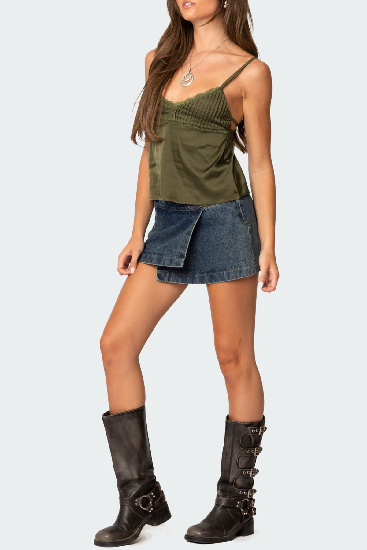 Satin Pleated Lace Trim Tank Top