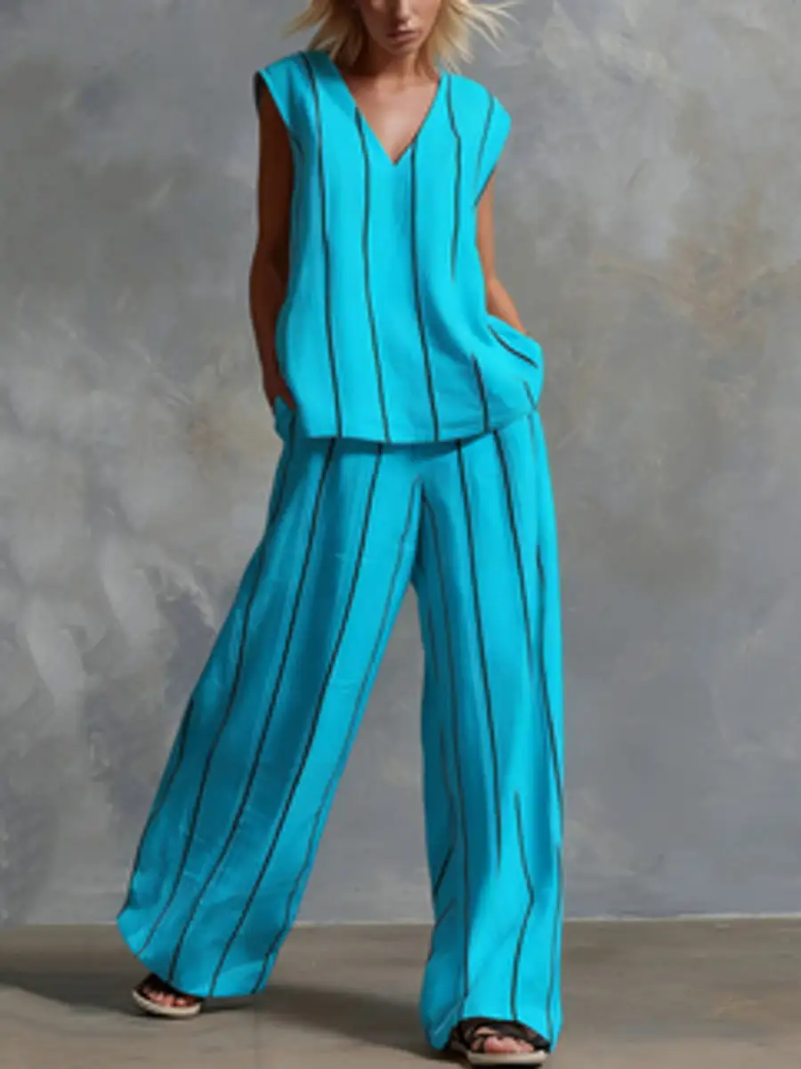 Relaxed Pocket Striped Vest And Pants Set