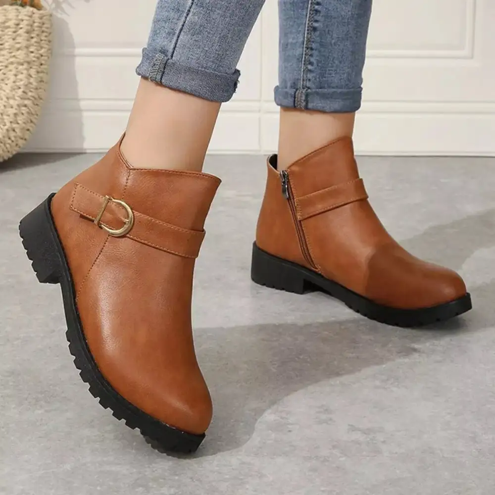 Textured Buckle Accent Ankle Boots