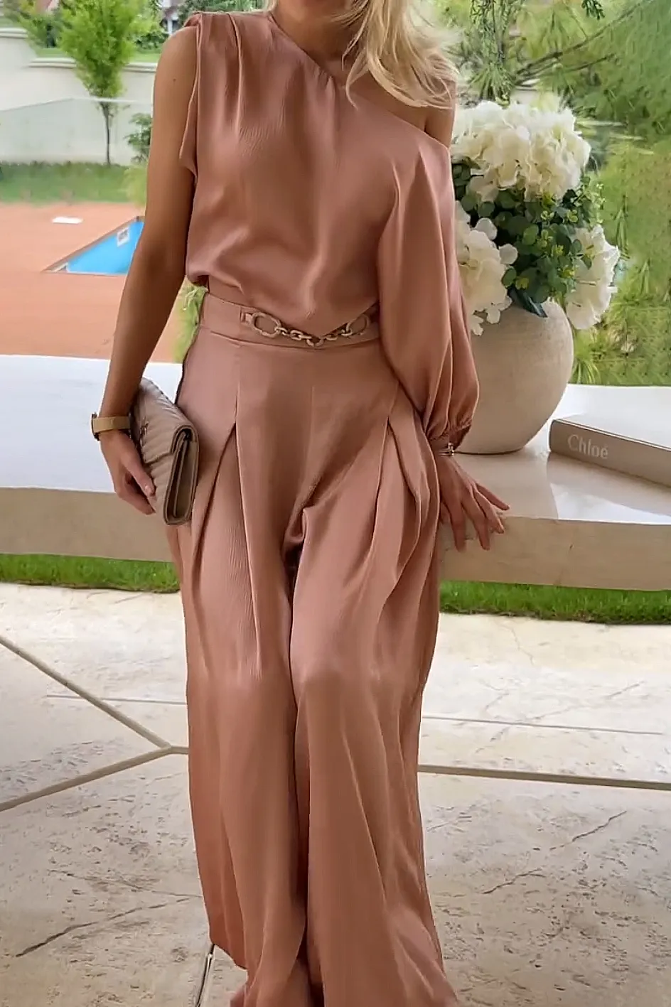 Women'S Casual One Shoulder Top & Wide Leg Pants Set