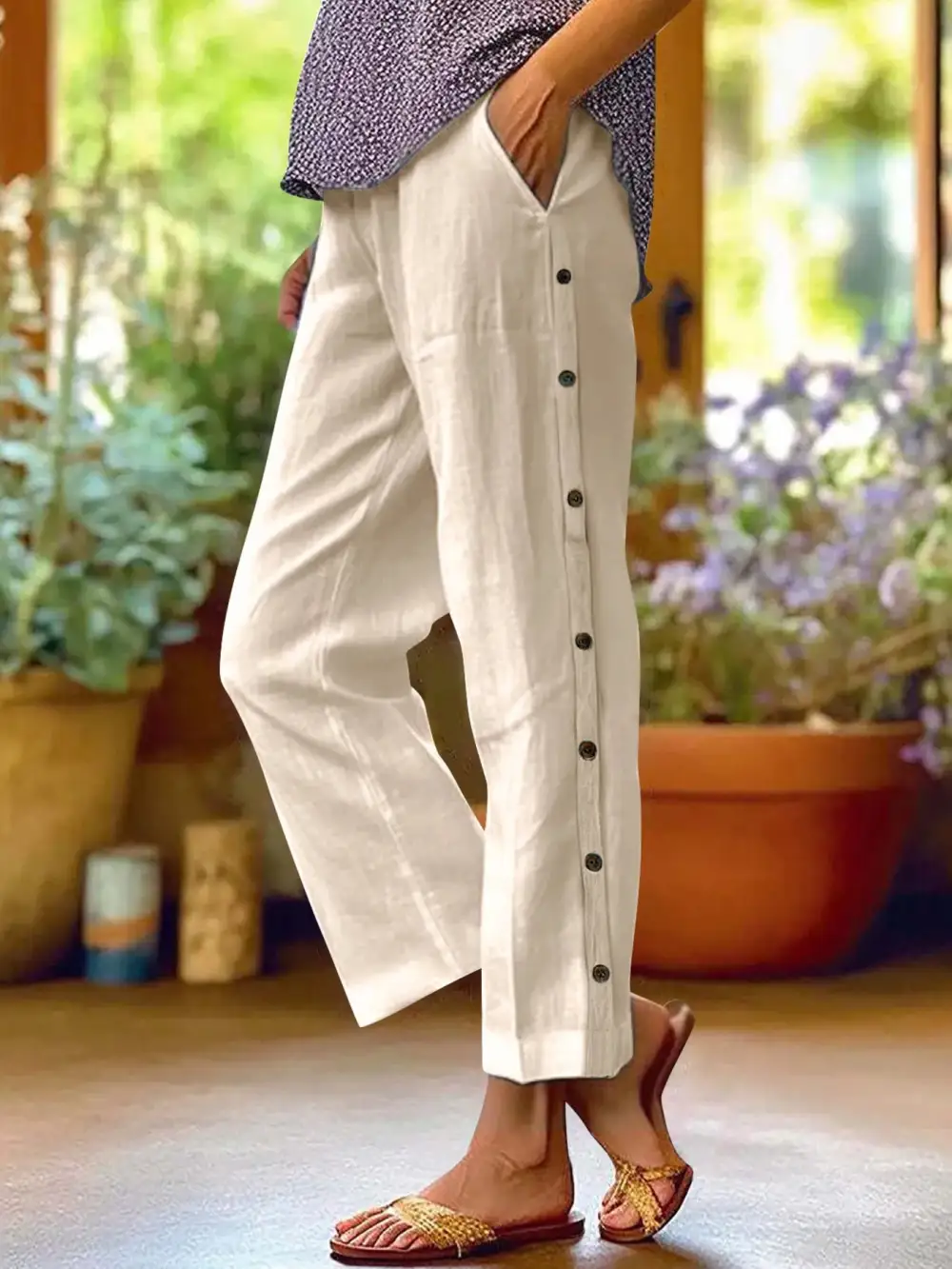 Side Decor Button Casual Wide Leg Pants