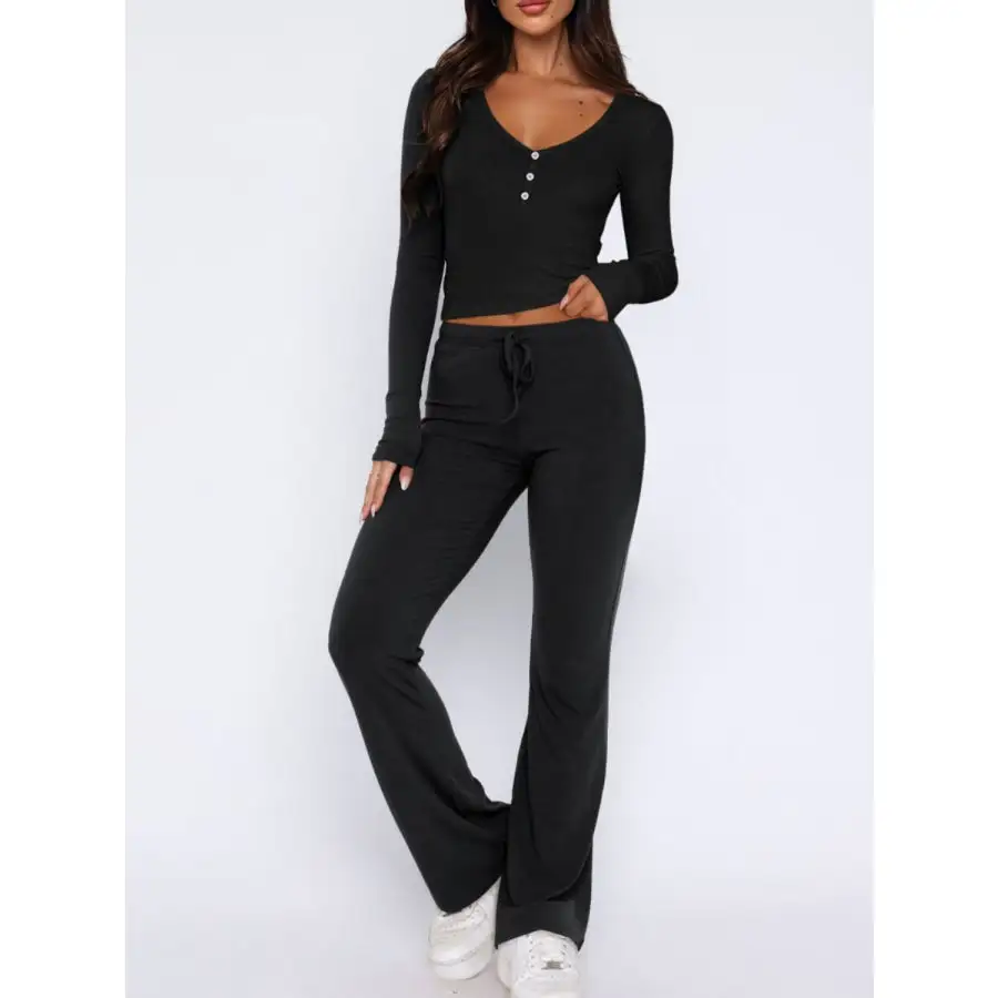 V Neck Long Sleeve Top and Pants Set