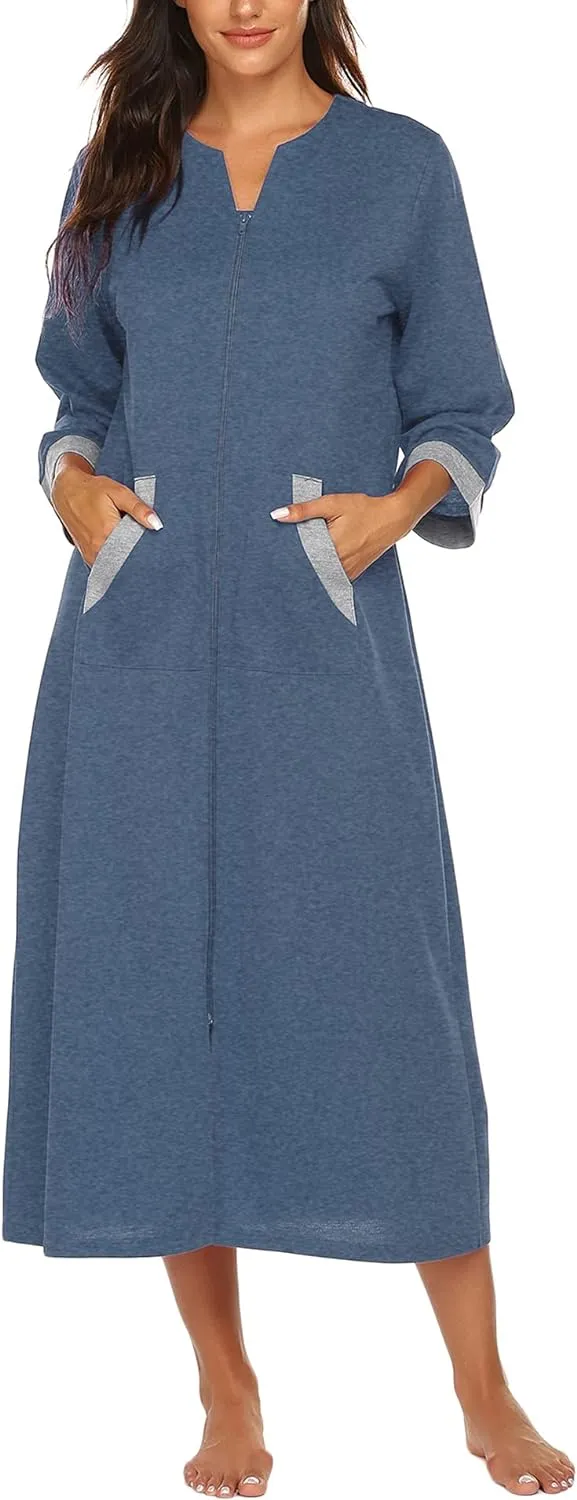50% OFF Women Zipper Robe 3/4 Sleeves Loungewear Dress Full Length Sleepwear Pockets Housecoat Nightgown Long Bathrobe
