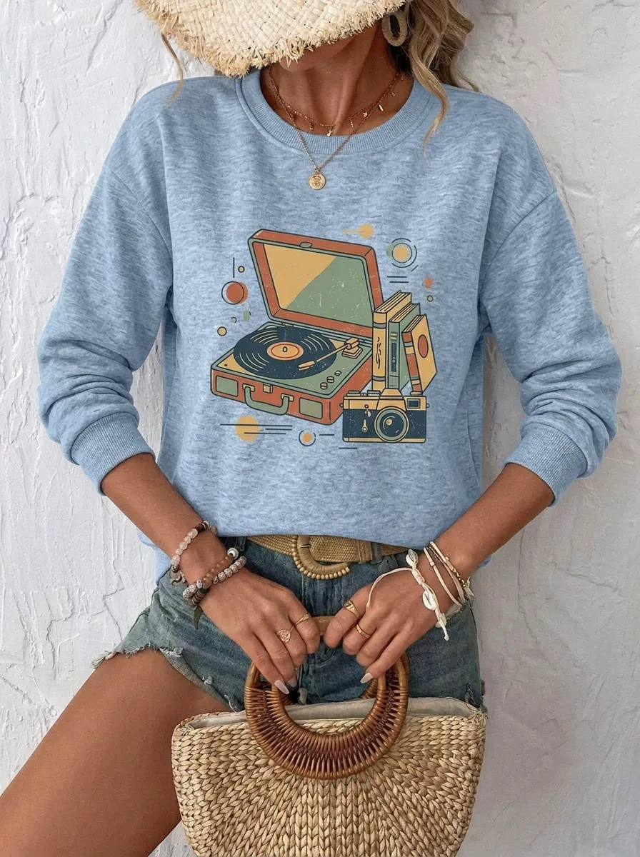 Women's Retro Music Lover Vinyl Record Camera Printed Sweatshirt
