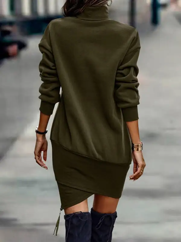 Casual Long Sleeve Solid Color High Neck Mini Dress