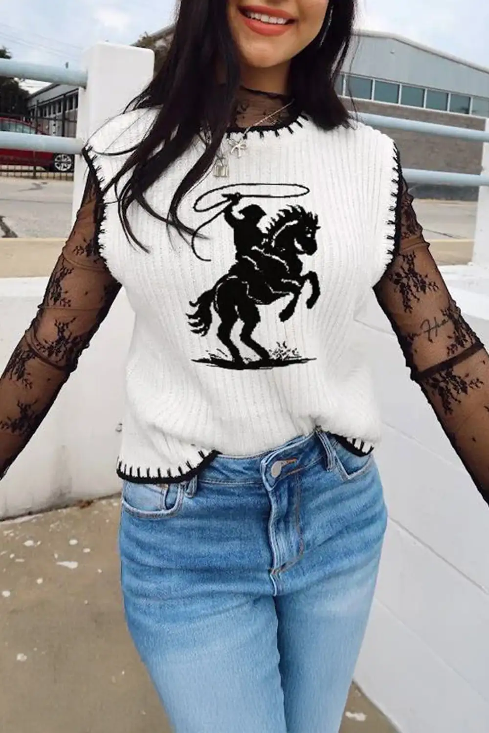Contrast Trim Round Neck Rodeo Cowboy Sweater Vest