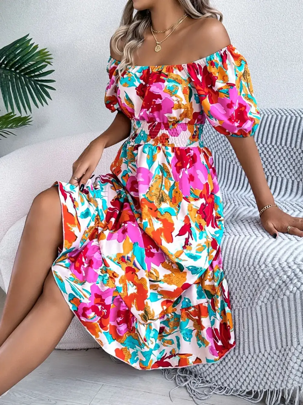 Textured Ruffle Trim Smocked Dress