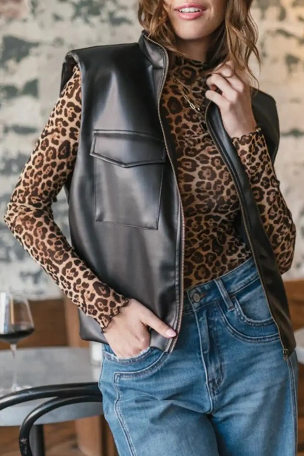 Double Flap Pocket Zip Stand Collar Faux Leather Vest