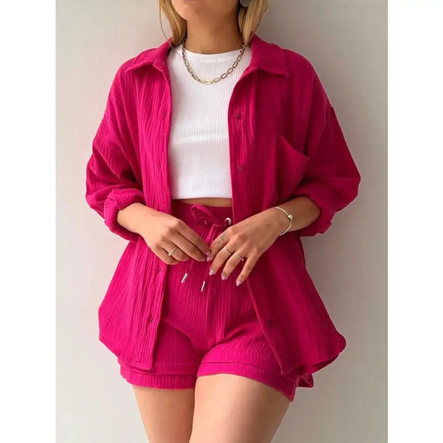 Relaxed Textured Button Up Shirt and Shorts Set