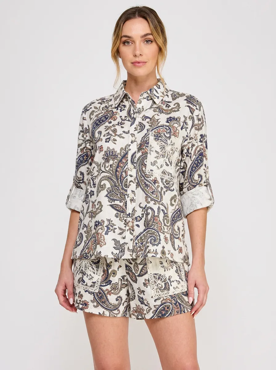 Women's Boho Style Paisley Floral Printed Button-down Shirt
